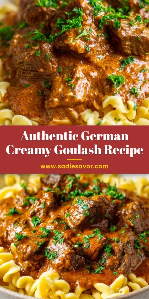 An overhead shot of a rustic bowl filled with German Creamy Goulash. Tender beef chunks and wavy Spätzle noodles are coated in a rich, reddish-brown paprika cream sauce, garnished with fresh parsley.