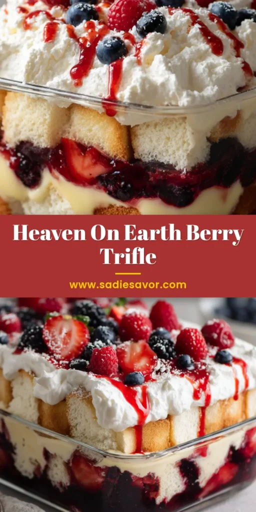 A spectacular Heaven on Earth Cake showing distinct layers of fluffy angel food cake, creamy vanilla pudding, glossy dark red berry compote, and pure white whipped cream in a clear glass baking dish.