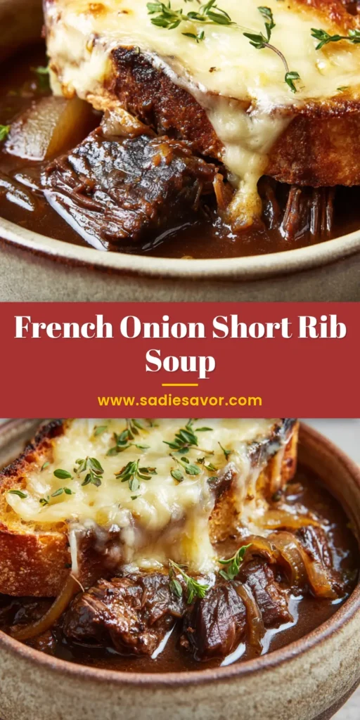 A close-up shot of a bowl of French Onion Beef Short Rib Soup, with a spoon lifting a piece of tender beef. The top is covered in melted, bubbly gruyere cheese.