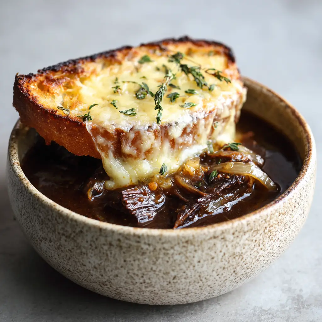 An overhead shot of a bowl of French Onion Beef Short Rib Soup before the cheese topping is added, showing the rich dark broth and tender beef chunks.
