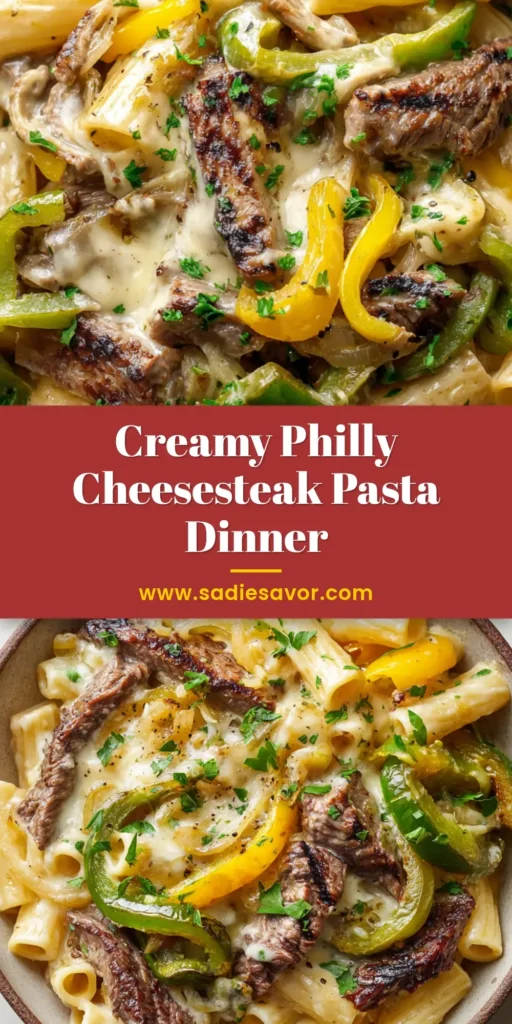 The Ultimate Philly Cheesesteak Pasta: A Creamy, One-Pan Wonder 4 A top-down view of a bowl of creamy Philly Cheesesteak Pasta, with rigatoni, seared steak, and a glossy provolone sauce, garnished with fresh parsley.