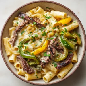 A close-up shot of creamy Philly Cheesesteak Pasta in a rustic ceramic bowl. Seared flank steak, blistered peppers, and glossy provolone cheese sauce are visible.