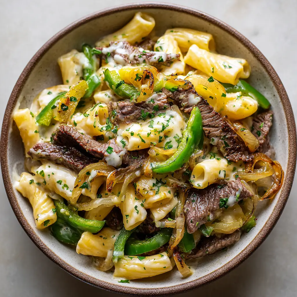 The Ultimate Philly Cheesesteak Pasta: A Creamy, One-Pan Wonder 1 Another angle of the Philly Cheesesteak Pasta, highlighting the melted cheese pooling at the bottom of the bowl and the fresh parsley garnish.