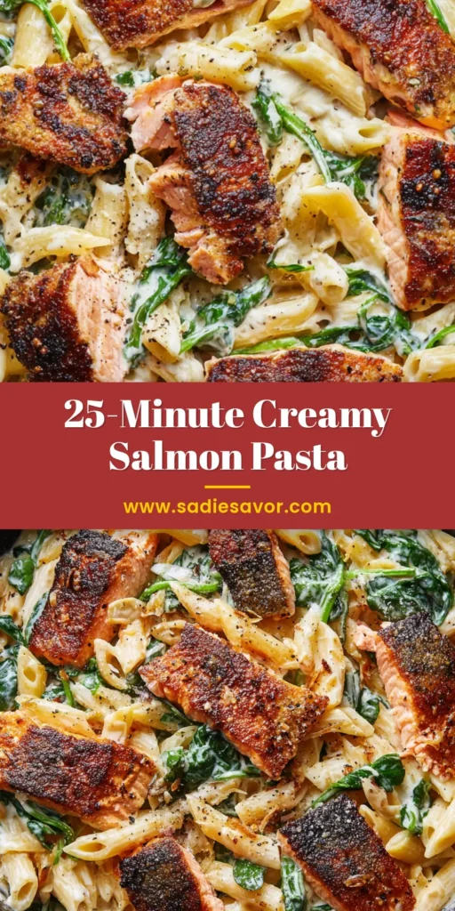 Creamy Salmon Spinach Pasta (30-Minute Skillet Recipe) 4 An overhead shot of Creamy Salmon Spinach Pasta in a black bowl, garnished with parmesan and pepper. A fork rests on the side.