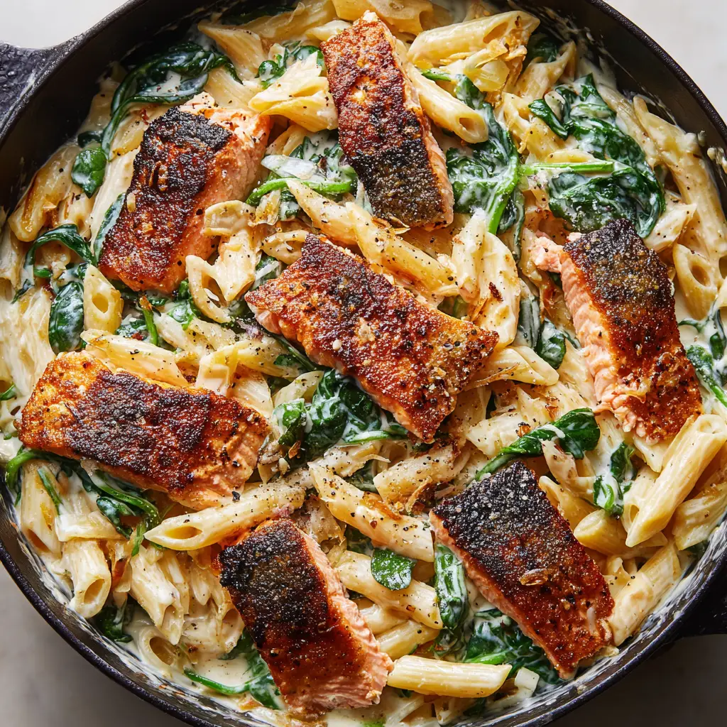 A close-up, overhead shot of Creamy Salmon Spinach Pasta in a large black cast-iron skillet. The dish features pan-seared salmon with a golden crust over penne in a white cream sauce.