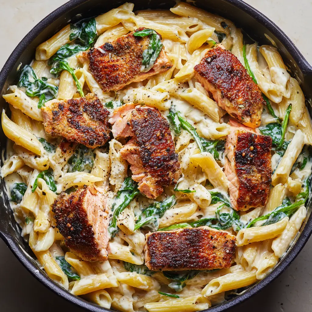 Creamy Salmon Spinach Pasta (30-Minute Skillet Recipe) 1 A detailed overhead view of the Creamy Salmon Spinach Pasta, showing the texture of the glossy sauce coating the al dente penne and vibrant green spinach.