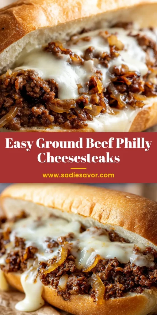 Ultimate Ground Beef Philly Cheesesteak (Easy & Cheesy!) 4 A close-up of a Ground Beef Philly Cheesesteak on parchment paper. The toasted hoagie roll is overflowing with browned ground beef, caramelized onions, and dripping with melted provolone cheese. (Ground Beef Philly Cheesesteak)