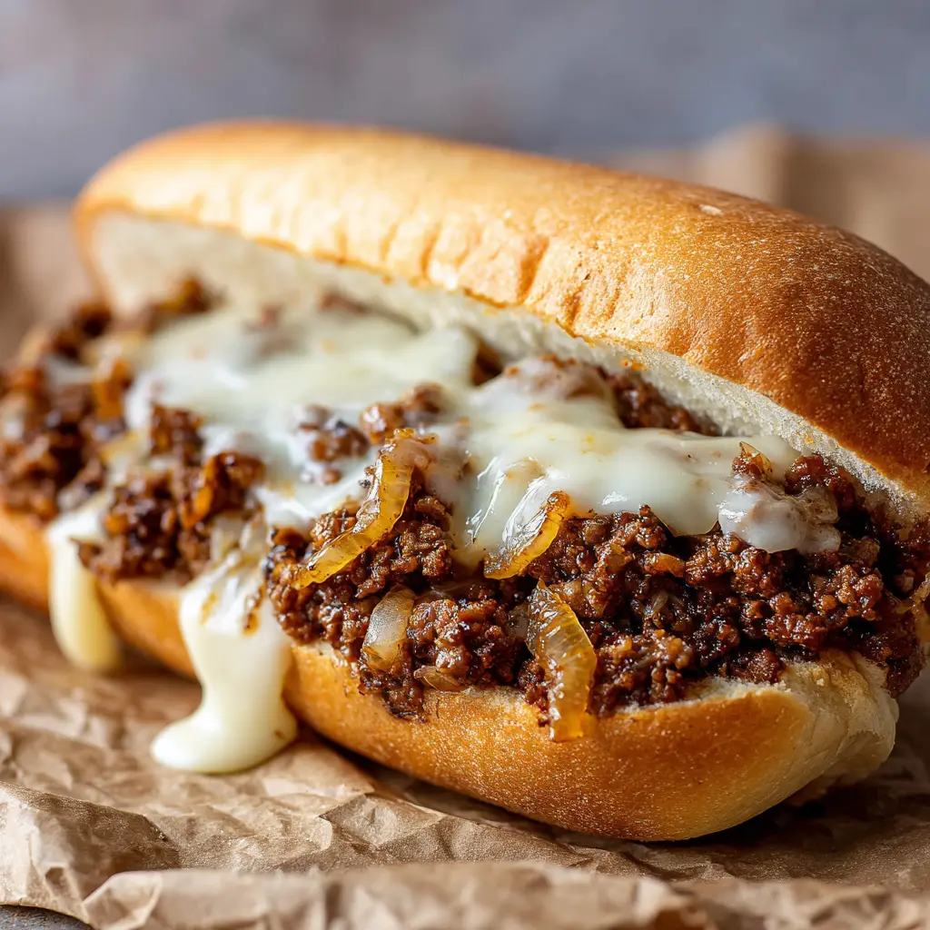 A hearty Ground Beef Philly Cheesesteak shown close-up, resting on parchment paper. Gooey provolone cheese melts over savory ground beef and onions in a toasted hoagie. (Ground Beef Philly Cheesesteak)