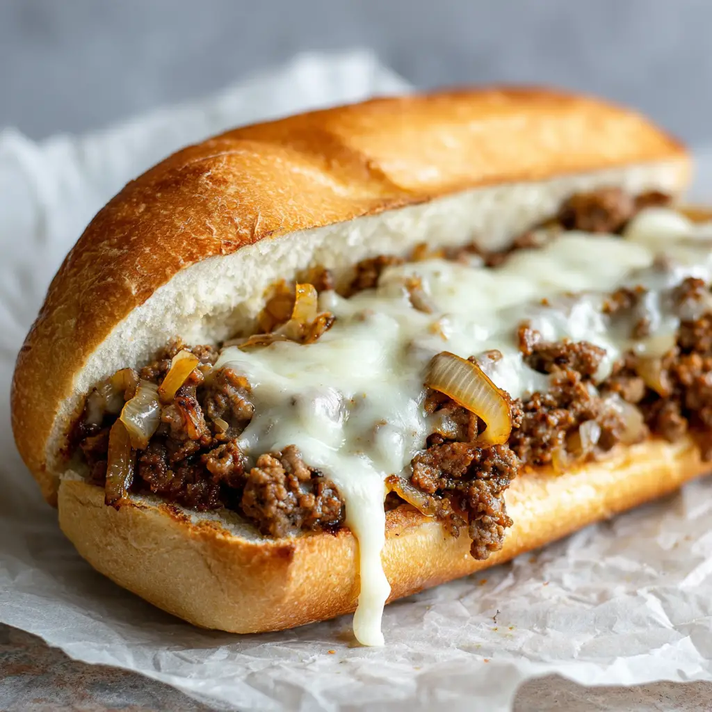 Ultimate Ground Beef Philly Cheesesteak (Easy & Cheesy!) 1 Side view of a cheesesteak made with ground beef, highlighting the melted white provolone cheese dripping down the side of the sandwich.