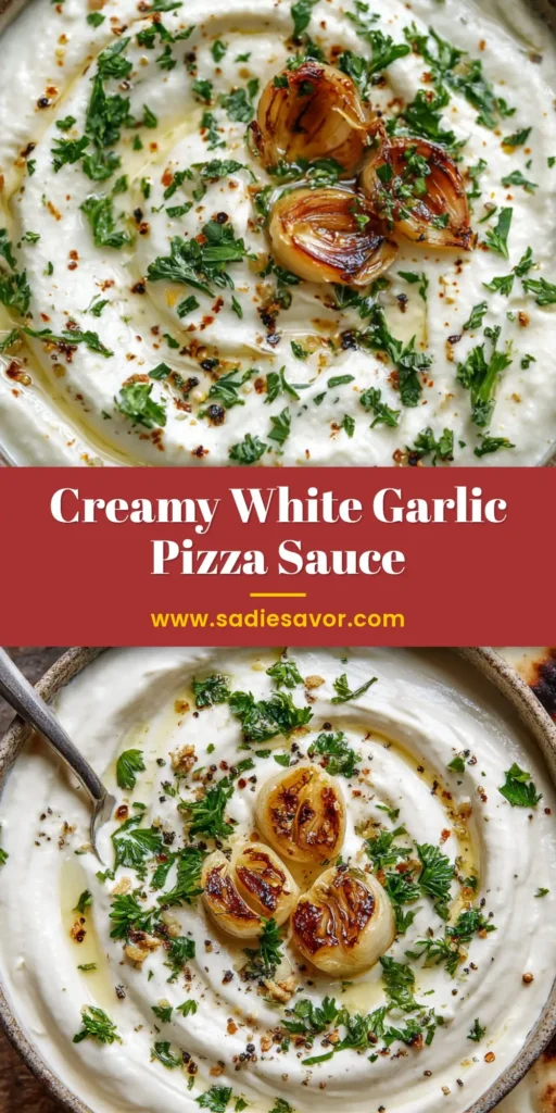 A shareable pin image for a homemade White Garlic Pizza Sauce recipe.