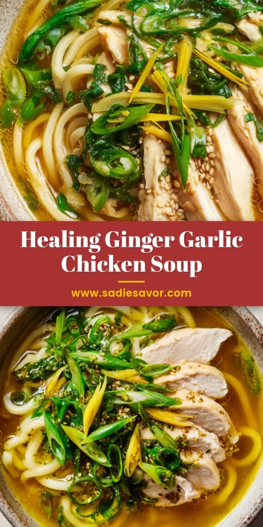 A beautiful top-down view of a bowl of Ginger Garlic Chicken Noodle Soup, ready to be pinned. The soup features a clear golden broth, sliced poached chicken, and vibrant garnishes.