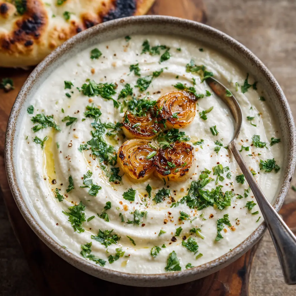 An overhead view of a bowl of white garlic pizza sauce, showing the smooth consistency and fresh garnishes, with a piece of artisan pizza dough nearby.