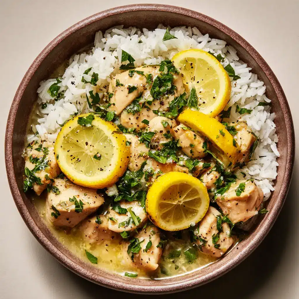 Slow Cooker Lemon Herb Chicken Over Broth-Soaked Rice 1 Overhead view of Slow Cooker Lemon Herb Chicken garnished with cooked bright yellow lemon wheels and chopped parsley in a thin translucent savory broth.