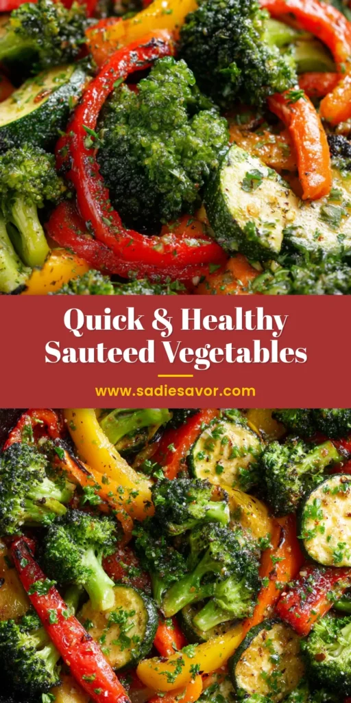 An overhead shot of healthy sautéed vegetables featuring bright broccoli, and blistered red and yellow peppers in a dark pan. (Healthy Sautéed Vegetables)