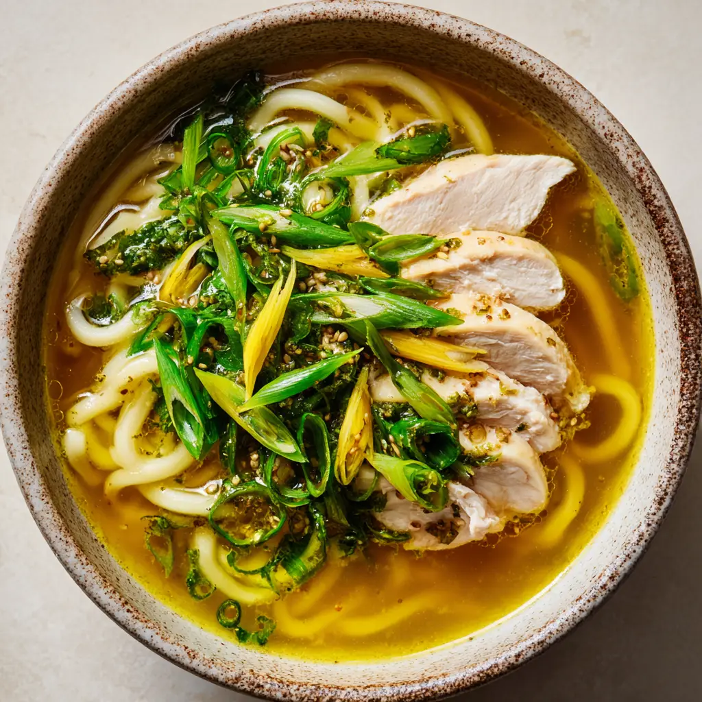 A close-up, top-down view of Ginger Garlic Chicken Noodle Soup in a rustic, speckled ceramic bowl. The focus is on the clear golden broth, thick egg noodles, and sliced poached chicken.