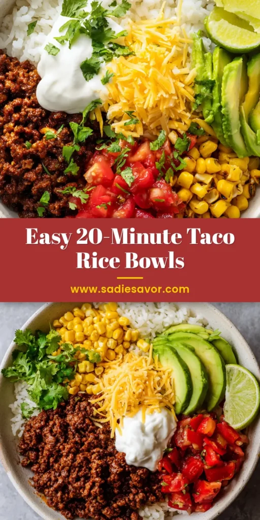 An overhead shot of a finished Taco Rice Bowl in a white ceramic bowl, showcasing seasoned ground beef, rice, corn, tomatoes, avocado, and sour cream.