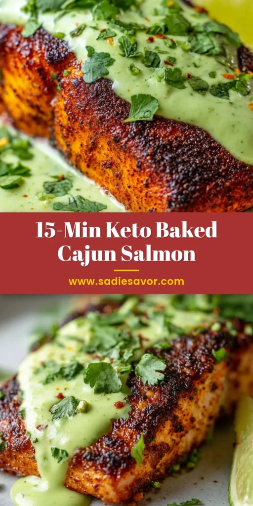 Baked Cajun Salmon with Vibrant Avocado Lime Sauce 4 A close-up of Baked Cajun Salmon on a white plate. The salmon has a dark, charred spice crust and is generously topped with a creamy, pale-green avocado sauce and garnished with cilantro.
