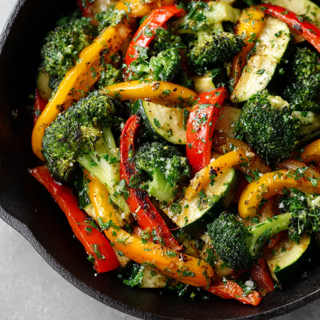 A detailed shot of the sautéed carrots, zucchini, and broccoli, sprinkled with fresh parsley and coarse sea salt.