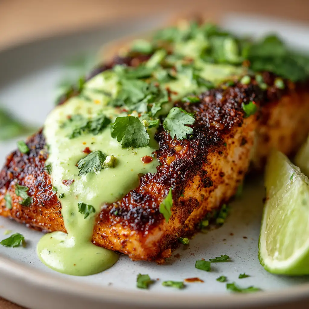 Baked Cajun Salmon with Vibrant Avocado Lime Sauce 2 A detailed close-up shot of a thick baked salmon fillet perfectly coated in a charred reddish-black Cajun spice crust. (Baked Cajun Salmon)