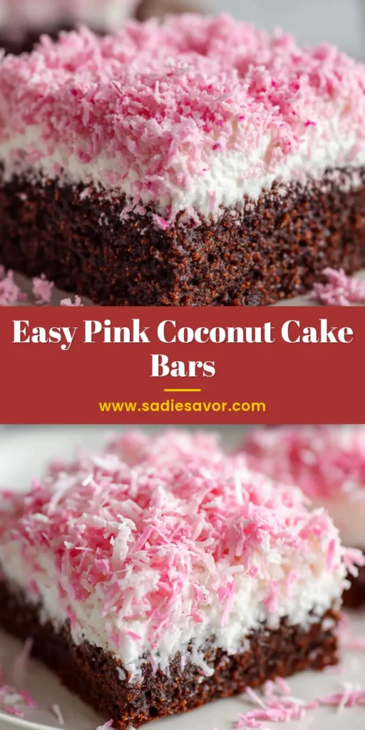 Ultimate Pink Coconut Cake Bars (Snowball Inspired) 4 A vibrant Pink Coconut Cake Bar on a white plate. Features a dark chocolate brownie base, fluffy white marshmallow frosting, and a thick layer of bright pink coconut flakes. A few flakes are scattered on the plate.