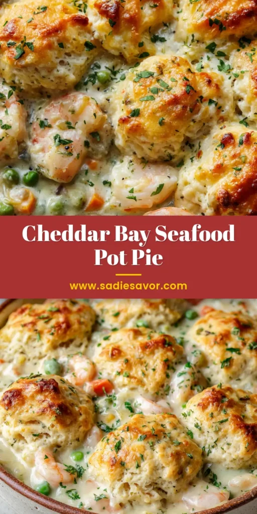 A pin-style image of a delicious homemade Cheddar Bay Biscuit Seafood Pot Pie, featuring a golden cheesy biscuit topping over a creamy shrimp and fish filling.