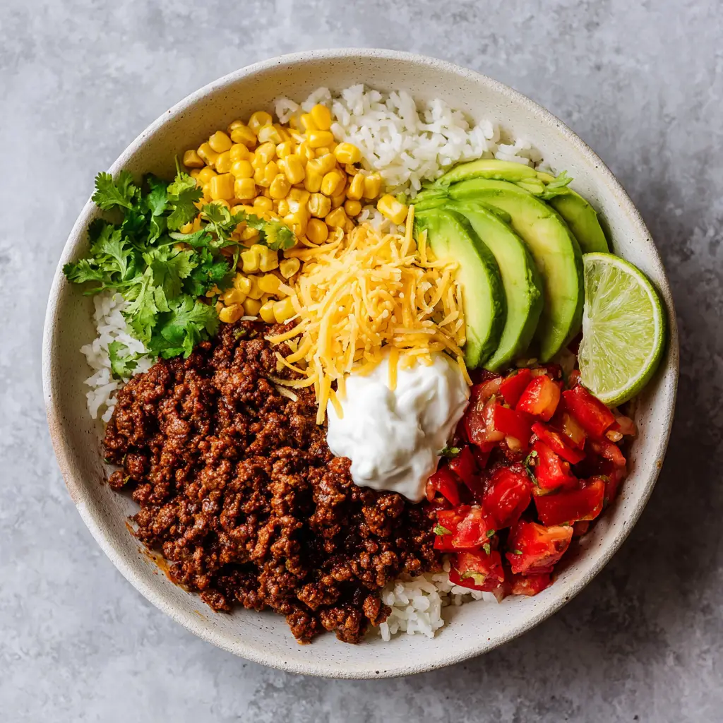 A close-up view of the seasoned ground beef and charred corn in the Taco Rice Bowl, showing the texture and color of the key ingredients.