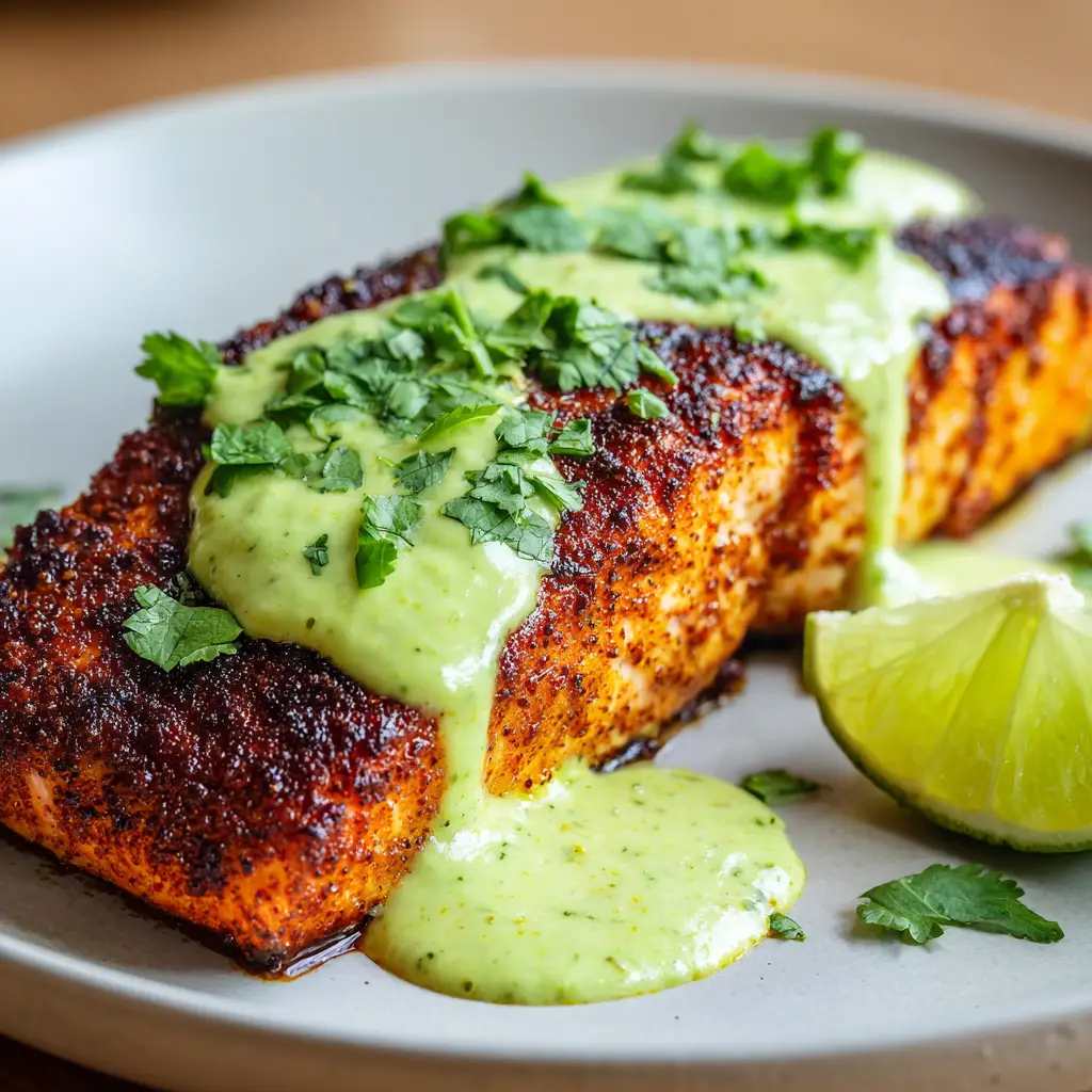 Baked Cajun Salmon with Vibrant Avocado Lime Sauce 1 A side view of the baked salmon fillet, showing its flaky texture and the thick, creamy pale-green avocado sauce dripping down the side.