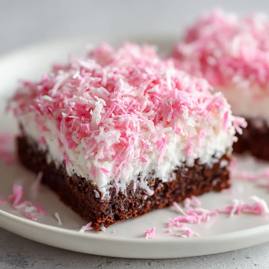 A close-up shot of a single square Pink Coconut Cake Bar. The layers are clearly visible: a dense dark chocolate brownie on the bottom, a thick layer of sticky white marshmallow frosting, and a generous topping of bright pink coconut.