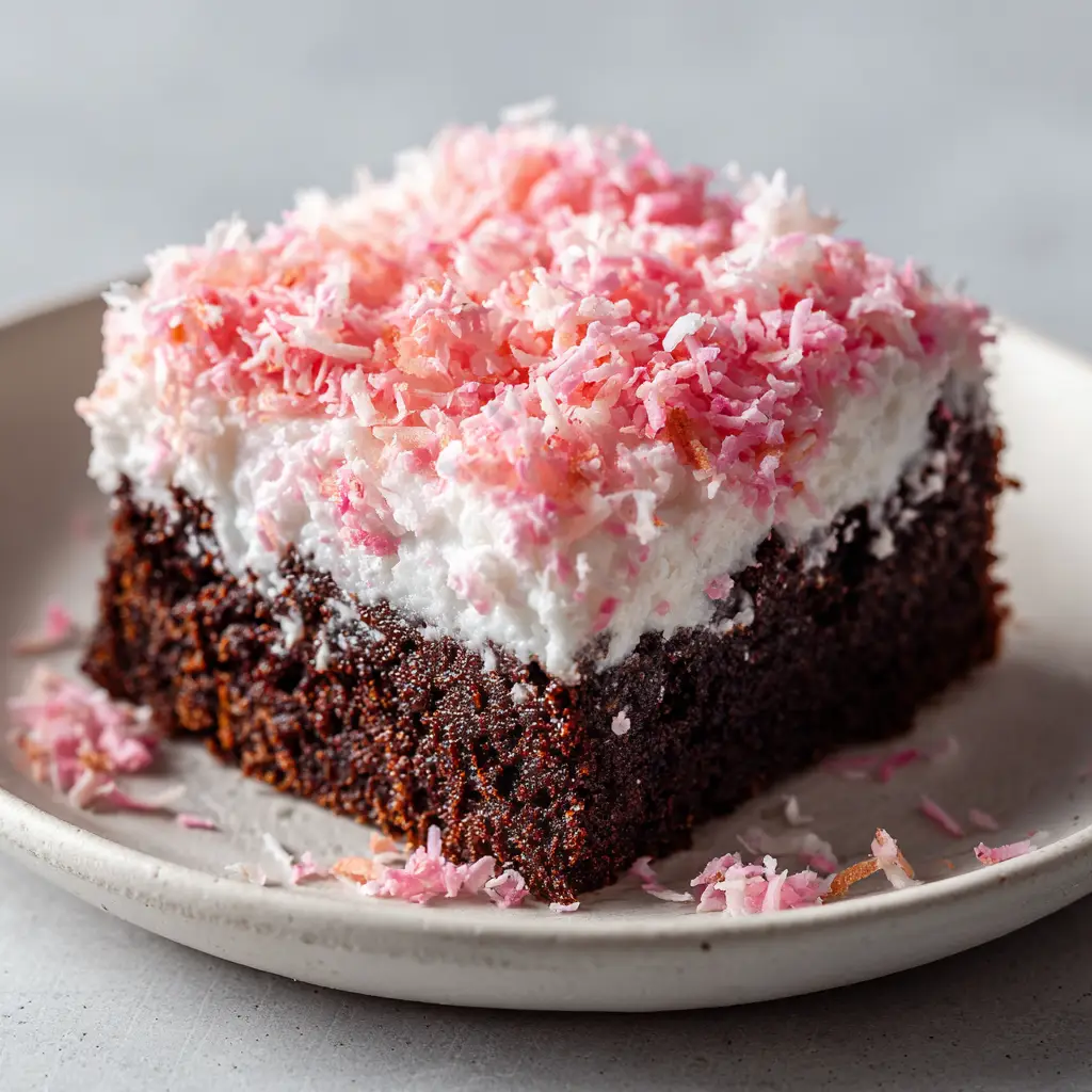 Ultimate Pink Coconut Cake Bars (Snowball Inspired) 1 An overhead view of a square pink coconut snowball cake bar resting on a plain white ceramic plate with scattered pink coconut shreds.