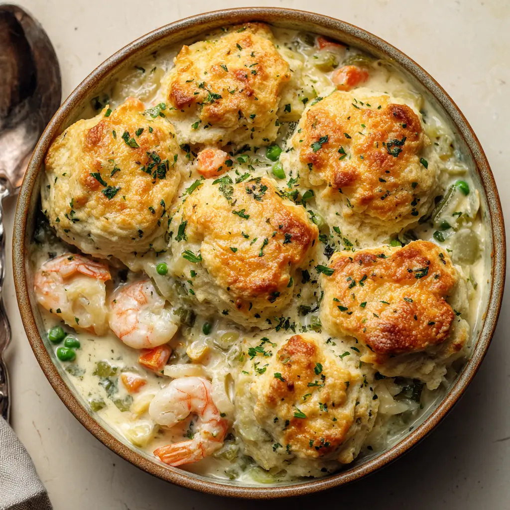 An overhead shot of the finished Cheddar Bay Biscuit Seafood Pot Pie, showcasing the shiny garlic herb butter glaze and fresh parsley garnish on the craggy cheddar biscuits.