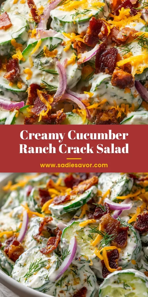 A shareable pin image for the Cucumber Ranch Crack Salad recipe, showing the final dish in a bowl with text overlay.
