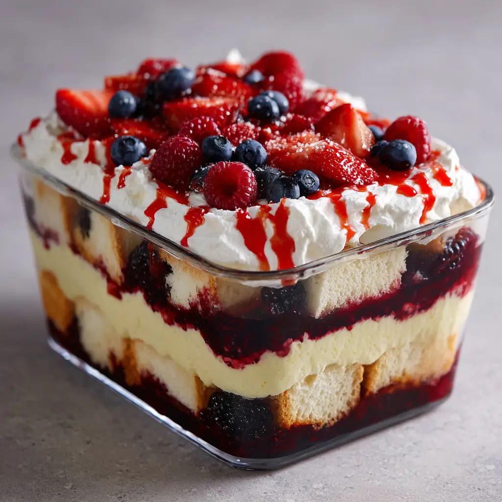 Close-up of a Heaven on Earth Cake showing a thick, sweeping layer of pure white whipped cream garnished with fresh raspberries and a shiny red fruit glaze.