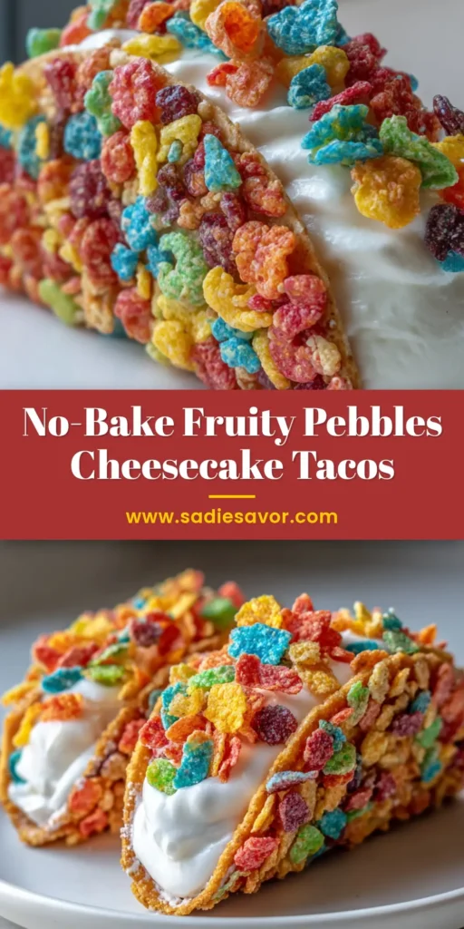 The Ultimate Fruity Pebbles Cheesecake Tacos Recipe 4 A close up shot of two Fruity Pebbles Cheesecake Tacos resting on a simple white plate. The tacos have a vibrant, multi-colored cereal shell and are filled with a piped, creamy white cheesecake filling, garnished with more cereal.