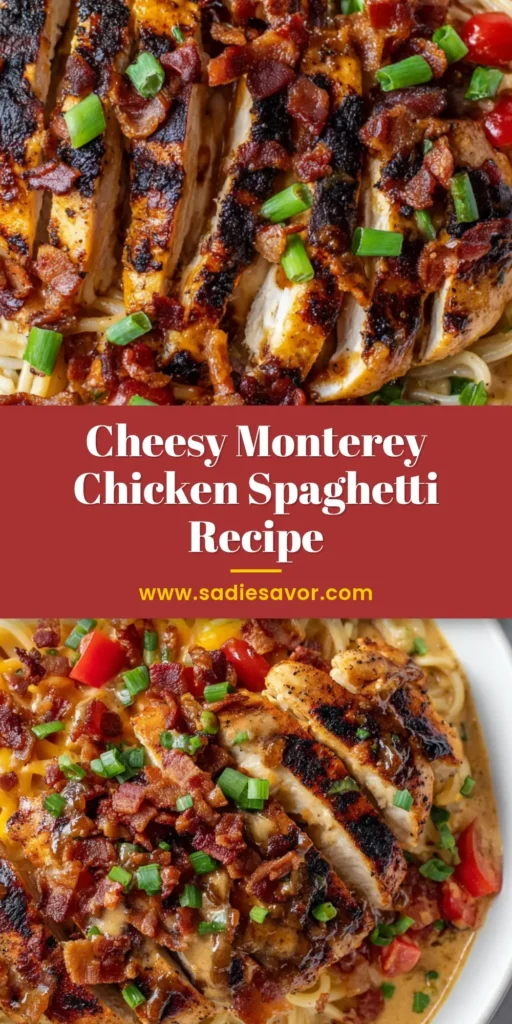 Monterey Chicken Spaghetti: The Ultimate Comfort Food Mashup 4 A close-up overhead shot of Monterey Chicken Spaghetti in a large white bowl, topped with BBQ chicken, melted cheese, bacon, and tomatoes.