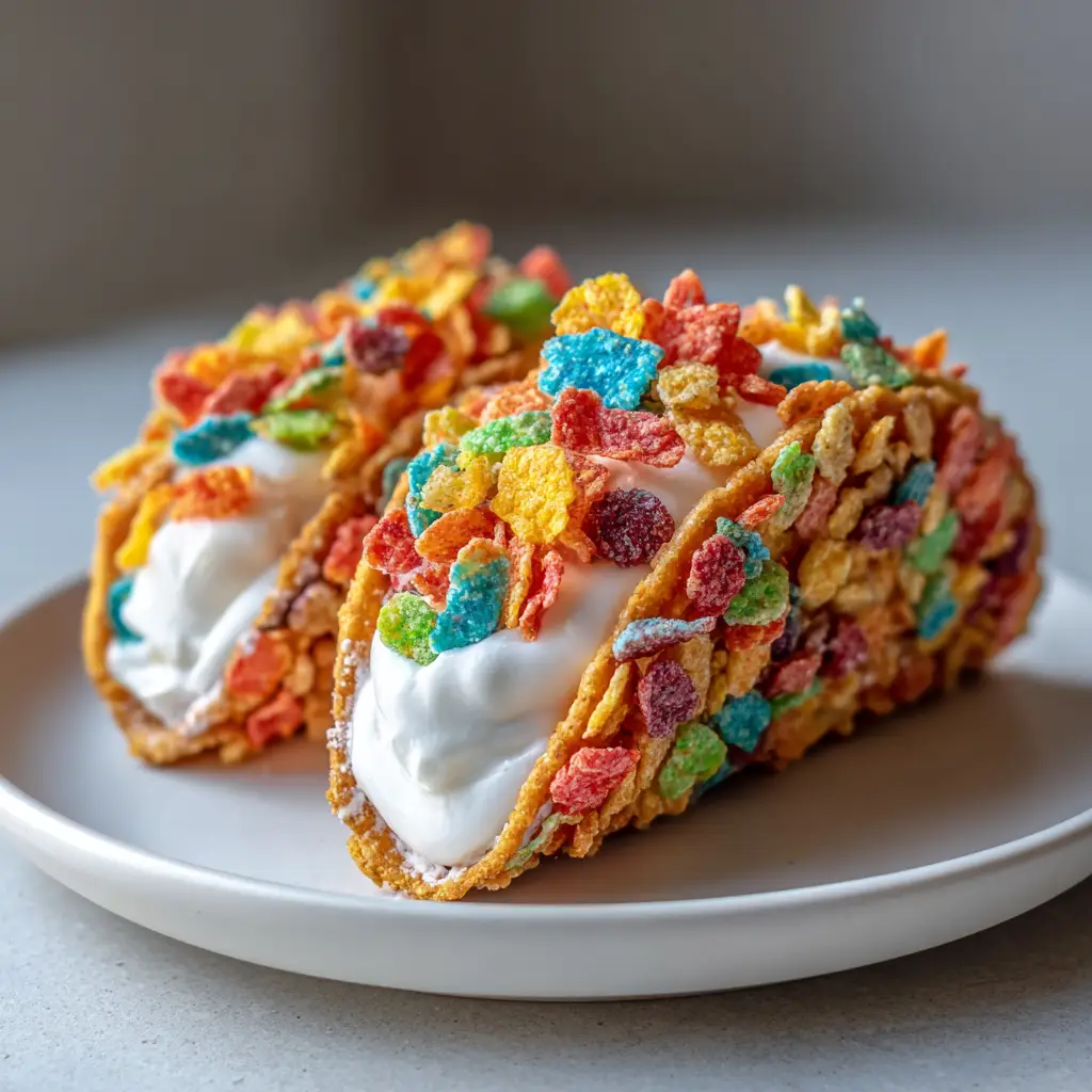 A single Fruity Pebbles Cheesecake Taco shown close-up on a white plate. The shell is made of brightly colored, clustered fruity cereal flakes with a glossy sheen, filled with smooth white cheesecake.