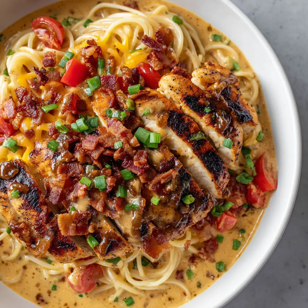 An overhead view of a white ceramic bowl filled with Monterey Chicken Spaghetti, showing the rich, glossy cheese sauce and vibrant toppings.