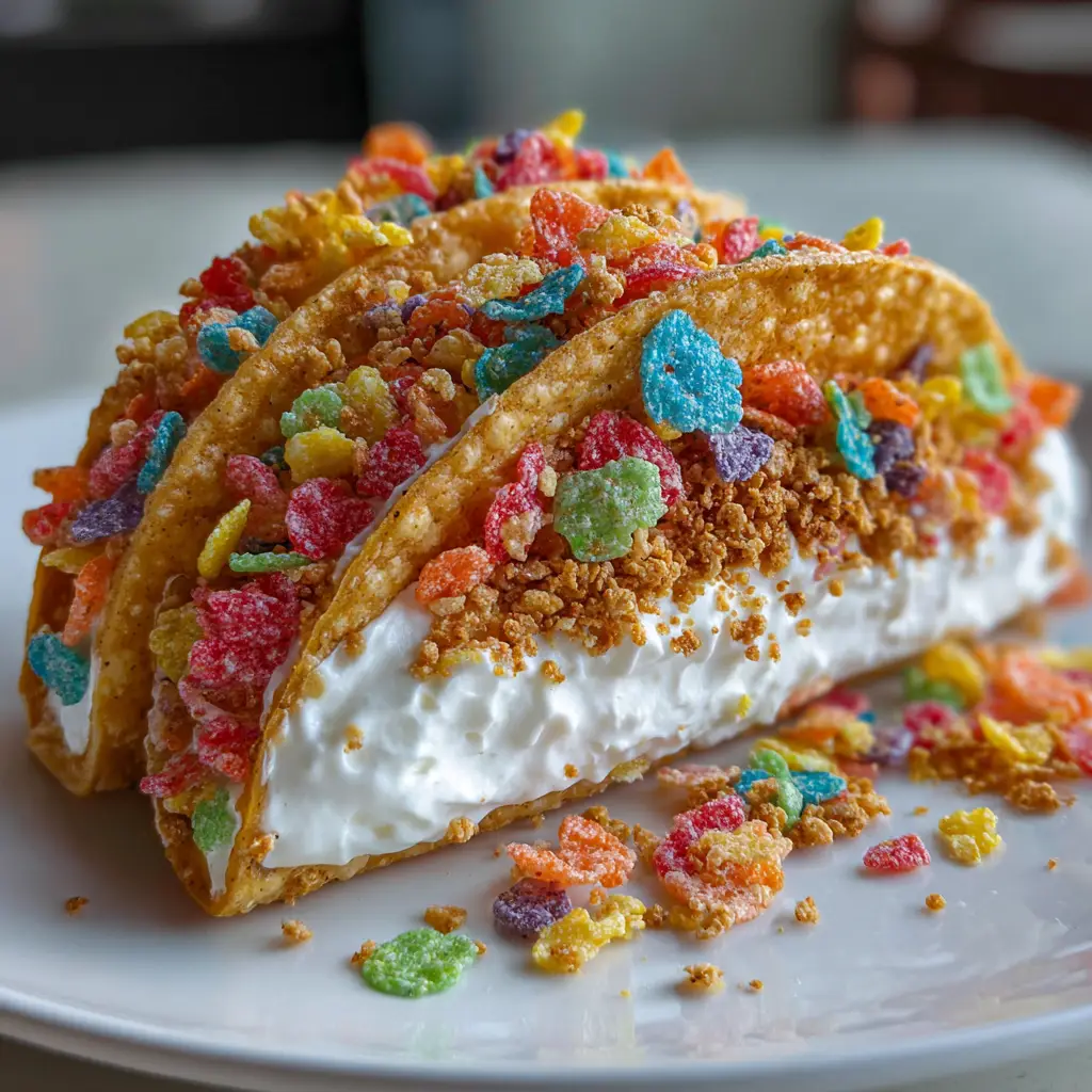 The Ultimate Fruity Pebbles Cheesecake Tacos Recipe 1 A side view of a Fruity Pebbles Cheesecake Taco, highlighting the thick layer of freshly piped cheesecake filling inside the colorful cereal shell.