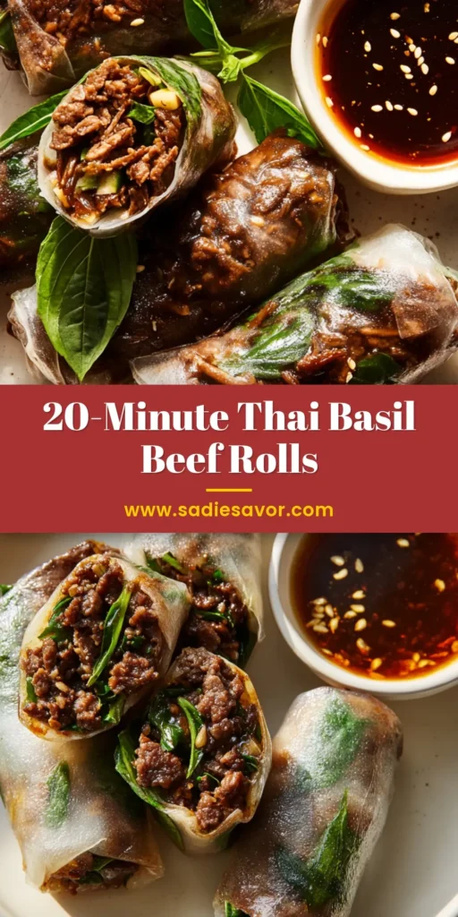 A shareable pin image of Thai Basil Beef Rolls, showing several rolls on a white plate with a dipping sauce. One roll is cut open to show the beef and basil filling.