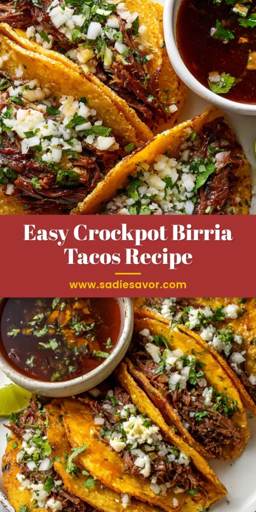 Crock Pot Birria Tacos: The Ultimate Guide to Authentic Dipping Tacos 4 A close-up shot of three crispy Crock Pot Birria Tacos on a white plate with a side of consommé for dipping.