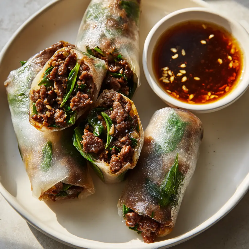 A serving of Thai Basil Beef Rolls with a small bowl of dark amber dipping sauce dotted with sesame seeds, ready to be eaten.