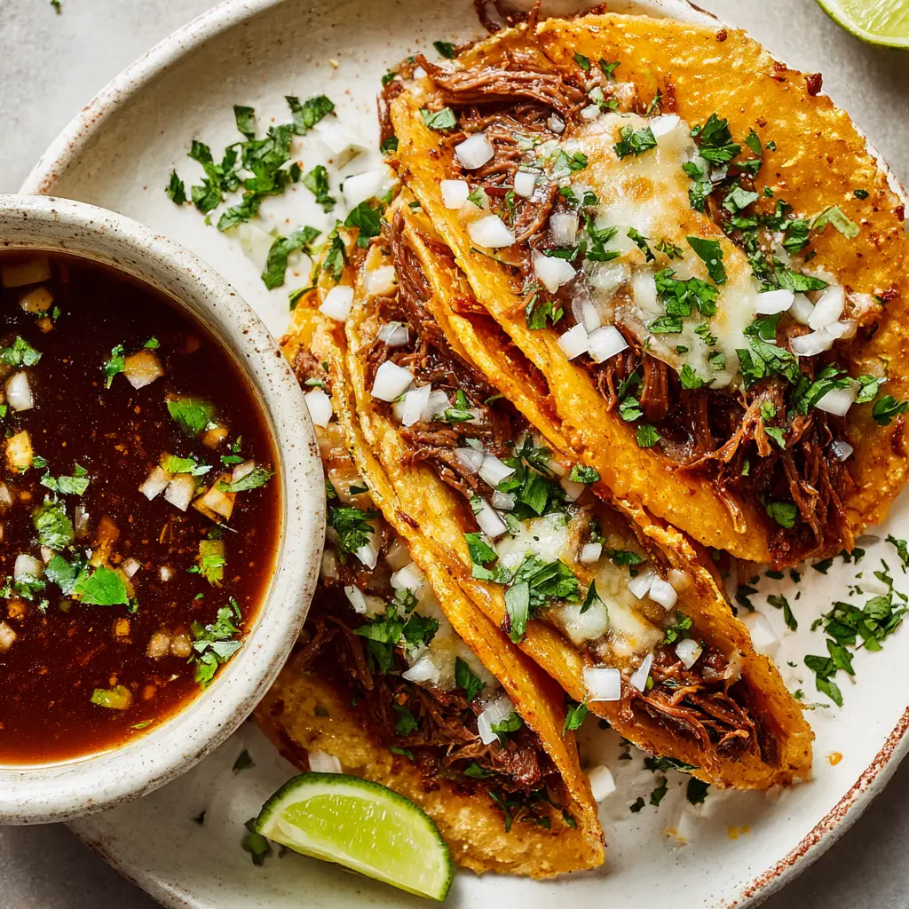 Crock Pot Birria Tacos: The Ultimate Guide to Authentic Dipping Tacos 1 An overhead view of three Crock Pot Birria Tacos, showing the rich texture of the shredded beef and the vibrant green cilantro garnish.