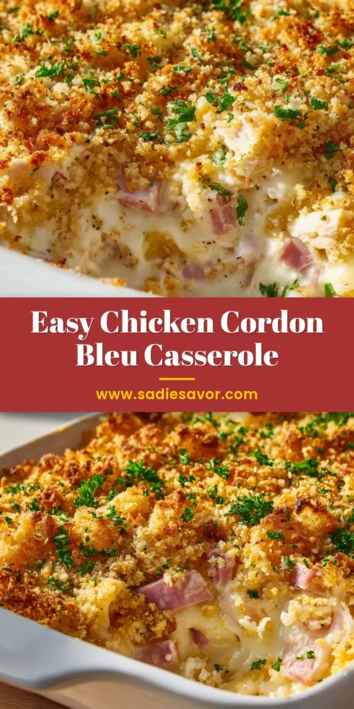 The Ultimate Chicken Cordon Bleu Casserole (Easy & Creamy) 4 An overhead view of a freshly baked Chicken Cordon Bleu Casserole in a white baking dish, showing the golden panko topping and a scoop taken out to reveal the creamy interior.