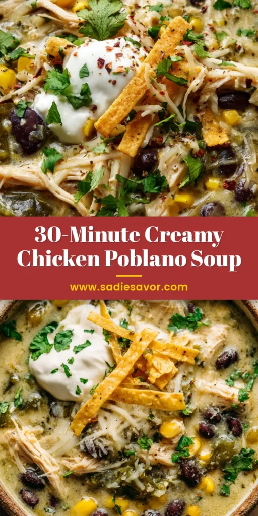 Creamy Chicken Poblano Soup (The Ultimate Comfort Recipe) 4 A top-down view of a bowl of creamy chicken poblano soup, showing all the delicious toppings and ingredients. (Chicken Poblano Soup)