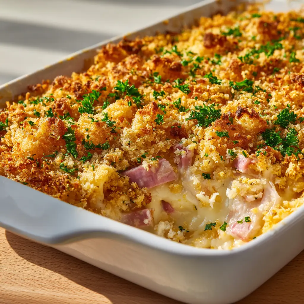 A close-up, detailed view of the golden-brown panko and cracker topping on a bubbling Chicken Cordon Bleu Casserole, fresh from the oven.