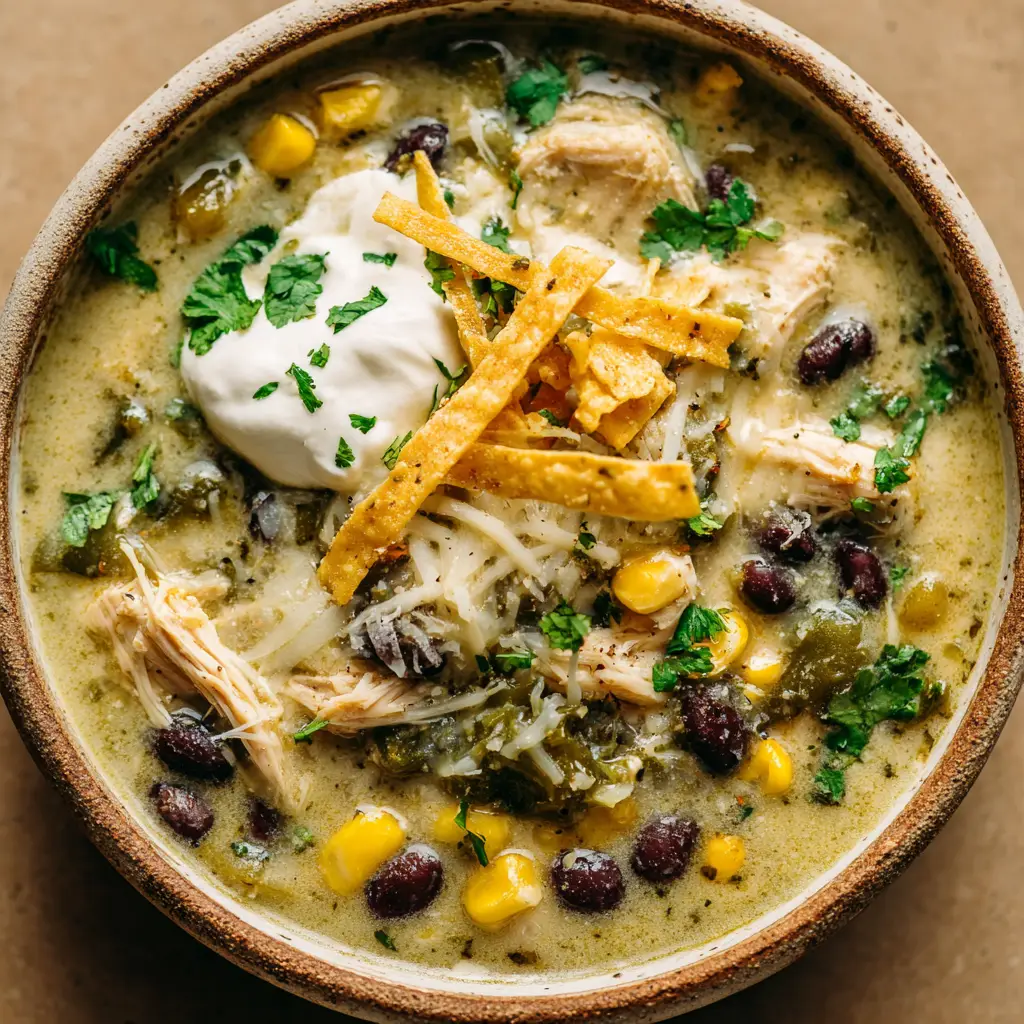 A close-up, rustic bowl of hearty, creamy light-green Chicken Poblano Soup, garnished with cheese strings, sour cream, and cilantro. (Chicken Poblano Soup)