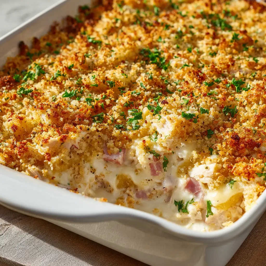 The Ultimate Chicken Cordon Bleu Casserole (Easy & Creamy) 1 A scoop of Chicken Cordon Bleu Casserole being lifted from a baking dish, showcasing the creamy sauce, shredded chicken, and diced ham.