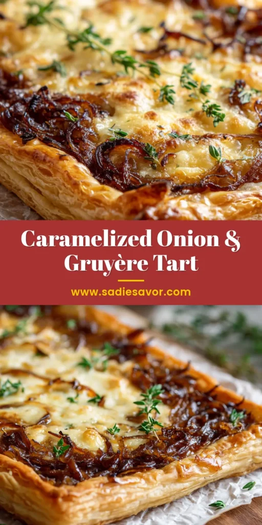 A baked rectangular Caramelized Onion Tart with a flaky puff pastry crust, deep amber onions, and bubbly pale yellow Gruyere cheese on parchment paper.