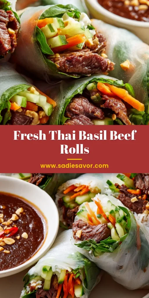 Authentic Thai Basil Beef Rolls with Hoisin-Peanut Sauce 4 A shareable pin image showing perfectly assembled Thai Basil Beef Rolls with a side of dark hoisin-peanut dipping sauce, ready to be eaten.
