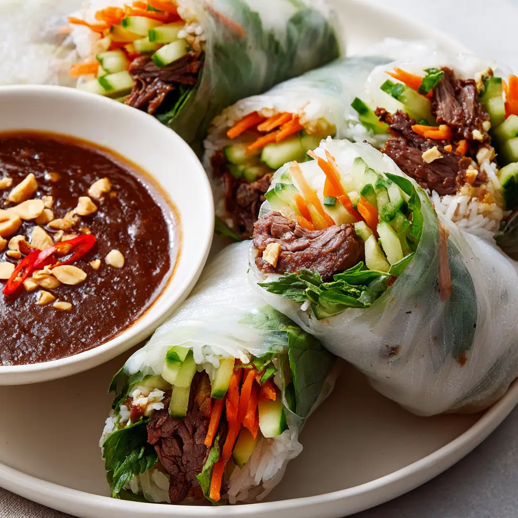 A close-up of fresh Thai Basil Beef Rolls on a white plate. Translucent rice paper shows the seared beef, fresh basil, carrots, and cucumber inside.