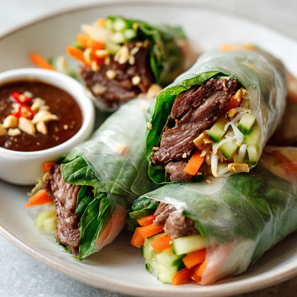 Authentic Thai Basil Beef Rolls with Hoisin-Peanut Sauce 1 A small white bowl of thick, dark mahogany hoisin-peanut sauce, garnished with crushed peanuts and a red chili flake, sits next to the Thai Basil Beef Rolls.